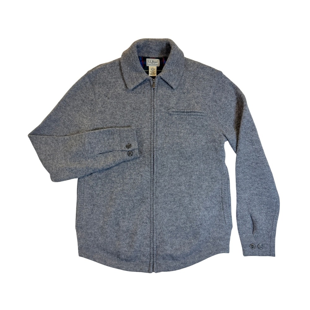 LL Bean Shetland Wool Jacket Mens M Gray Plaid Lined Full Zip 505667